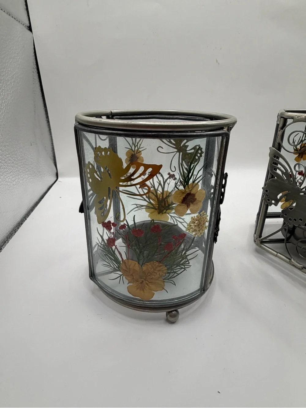 Pressed Flower Butterfly Glass Tealight Candle Holders Set of 2